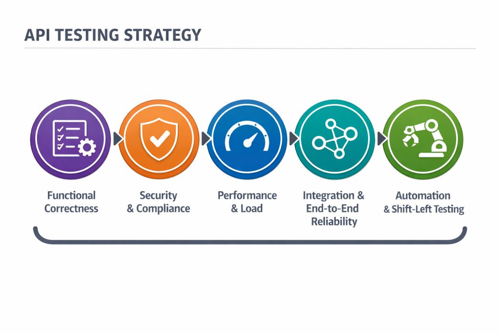 API Quality Engineering strategy covering functional, security, performance, integration, and shift-left testing