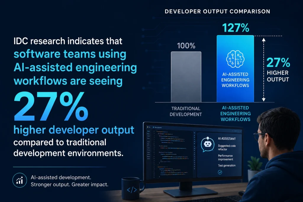 IDC research shows AI-assisted engineering workflows deliver 27% higher developer output compared to traditional software development environments enterprise AI augmented engineering productivity comparison